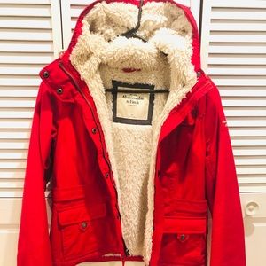 Red Abercrombie & Fitch Fur-lined, Hooded Coat